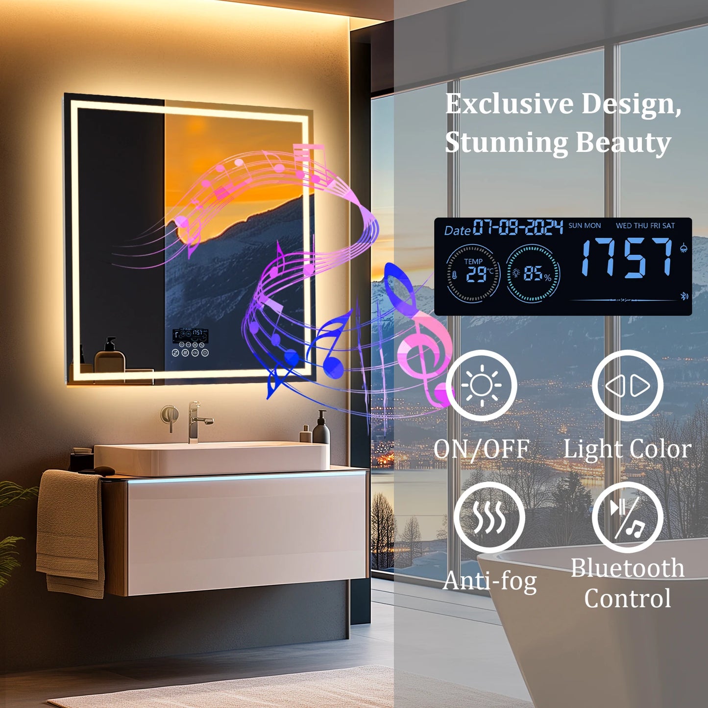 BORWART LED Bathroom Mirror Bluetooth Time Temperature Display Anti Fog