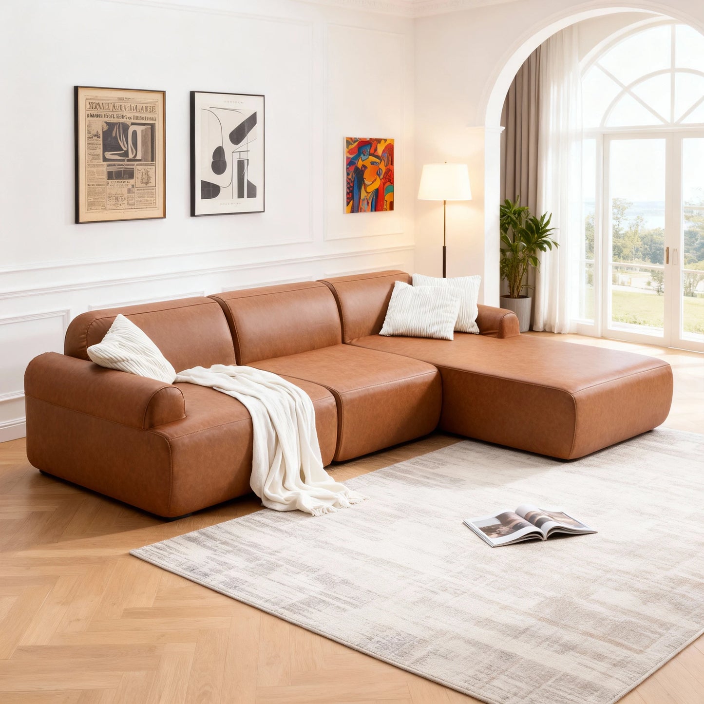 L Shaped Leather Modular Sofa With Deep Seats