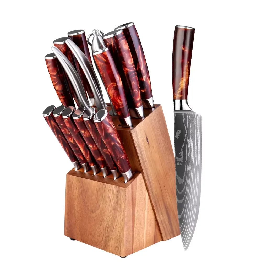 Zomali 15 Piece Knife Set With Wooden Block Damascus Pattern Razor Sharp Blades For Precision Slicing
