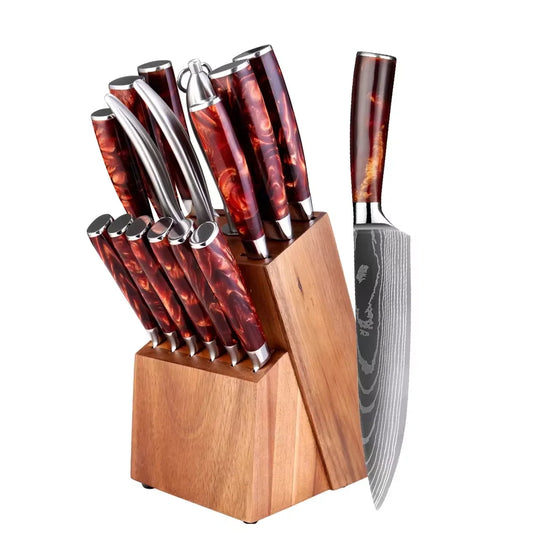 Zomali 15 Piece Knife Set With Wooden Block Damascus Pattern Razor Sharp Blades For Precision Slicing