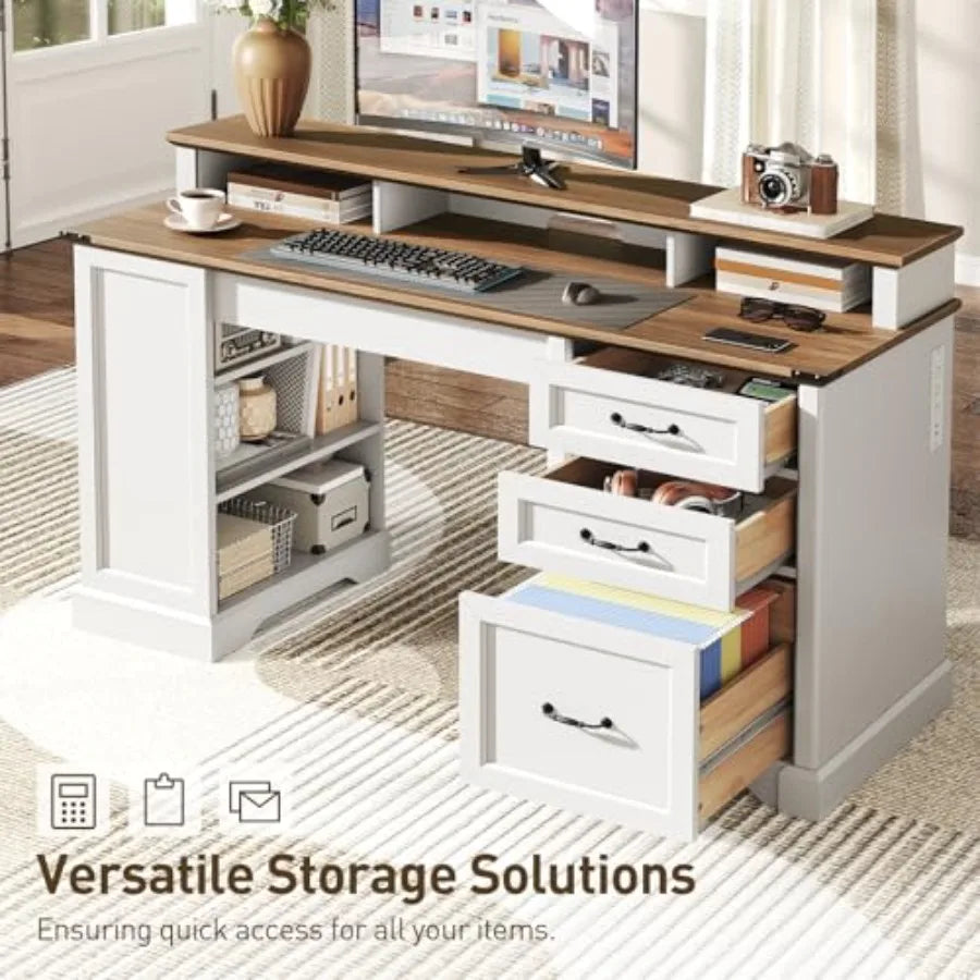 Farmhouse Executive Desk With Drawers, File Cabinet, Bookshelf