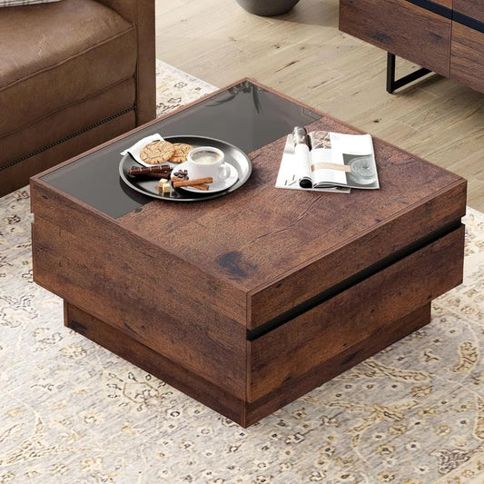 Modern Square Coffee Table With Tempered Glass Top And Two Large Storage Drawers 31.5 X 31.5 Inches Brown Finish