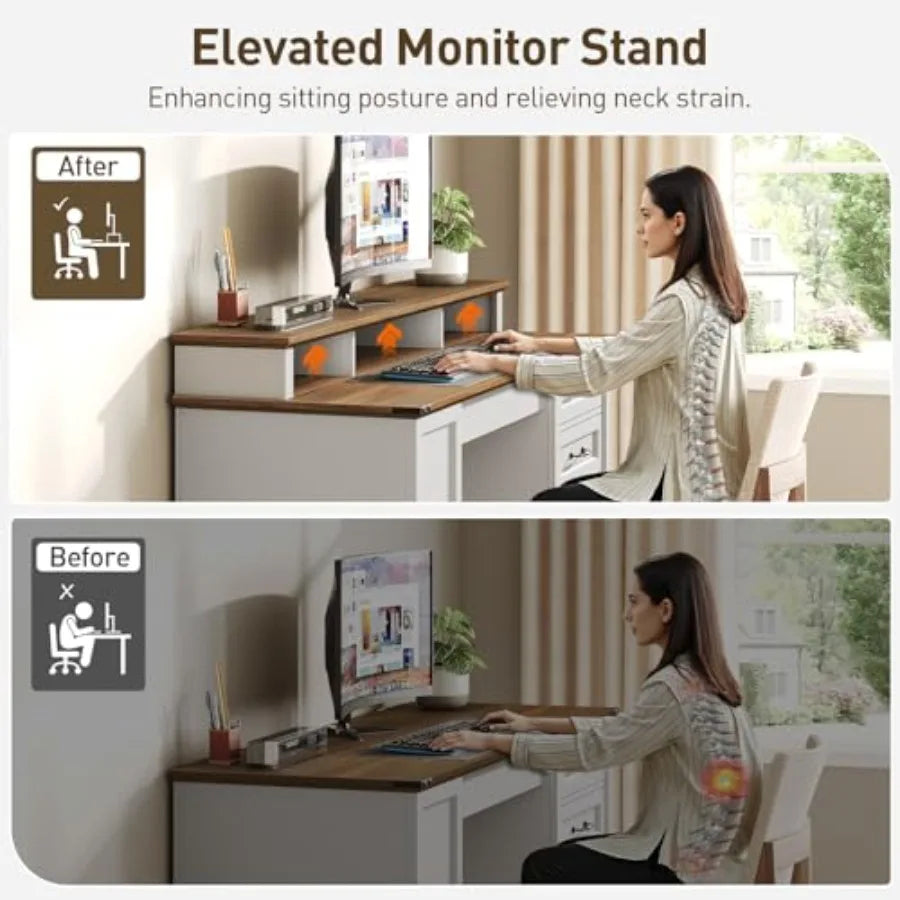 Farmhouse Executive Desk With Drawers, File Cabinet, Bookshelf