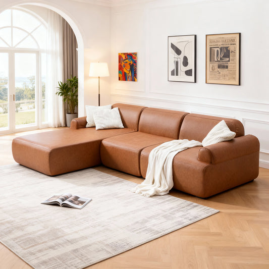 L Shaped Leather Modular Sofa With Deep Seats