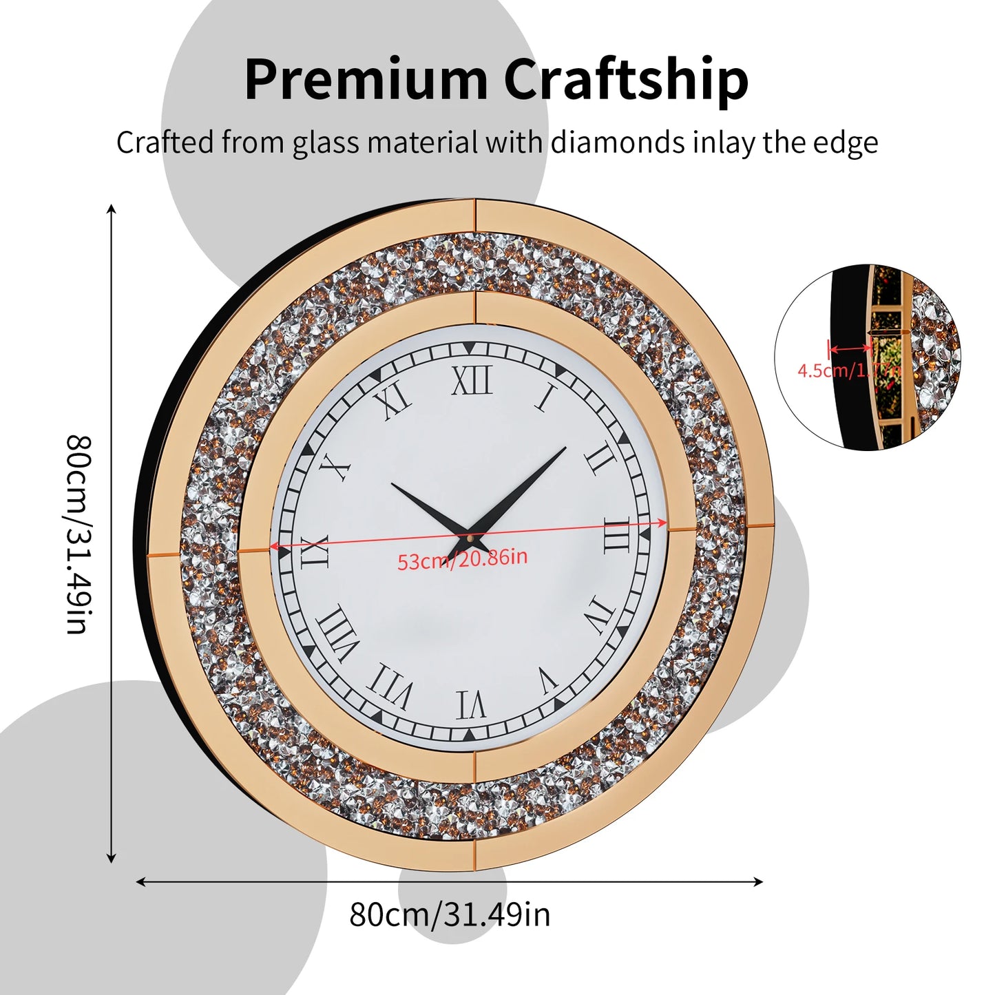 Silver Round Mirror Clock 60cm 80cm Beveled Crystals Crushed Diamond Effect Glam Wall Decor for Home