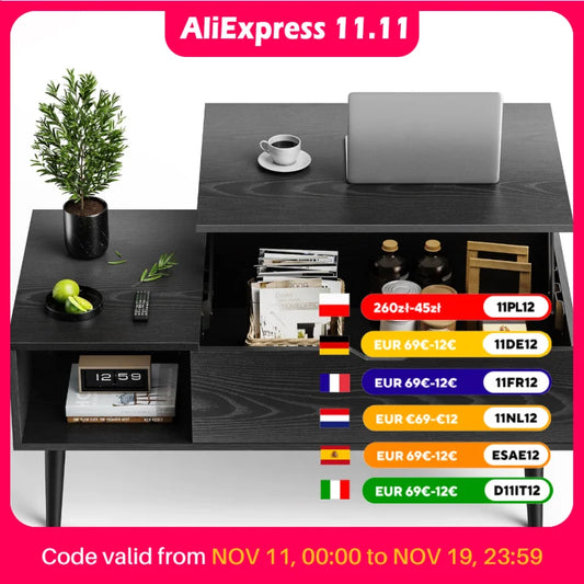 JHK Lift Top Coffee Table For Living Room 39.37 By 19.7 Inches Adjustable Height With Storage Shelf And Easy Lift