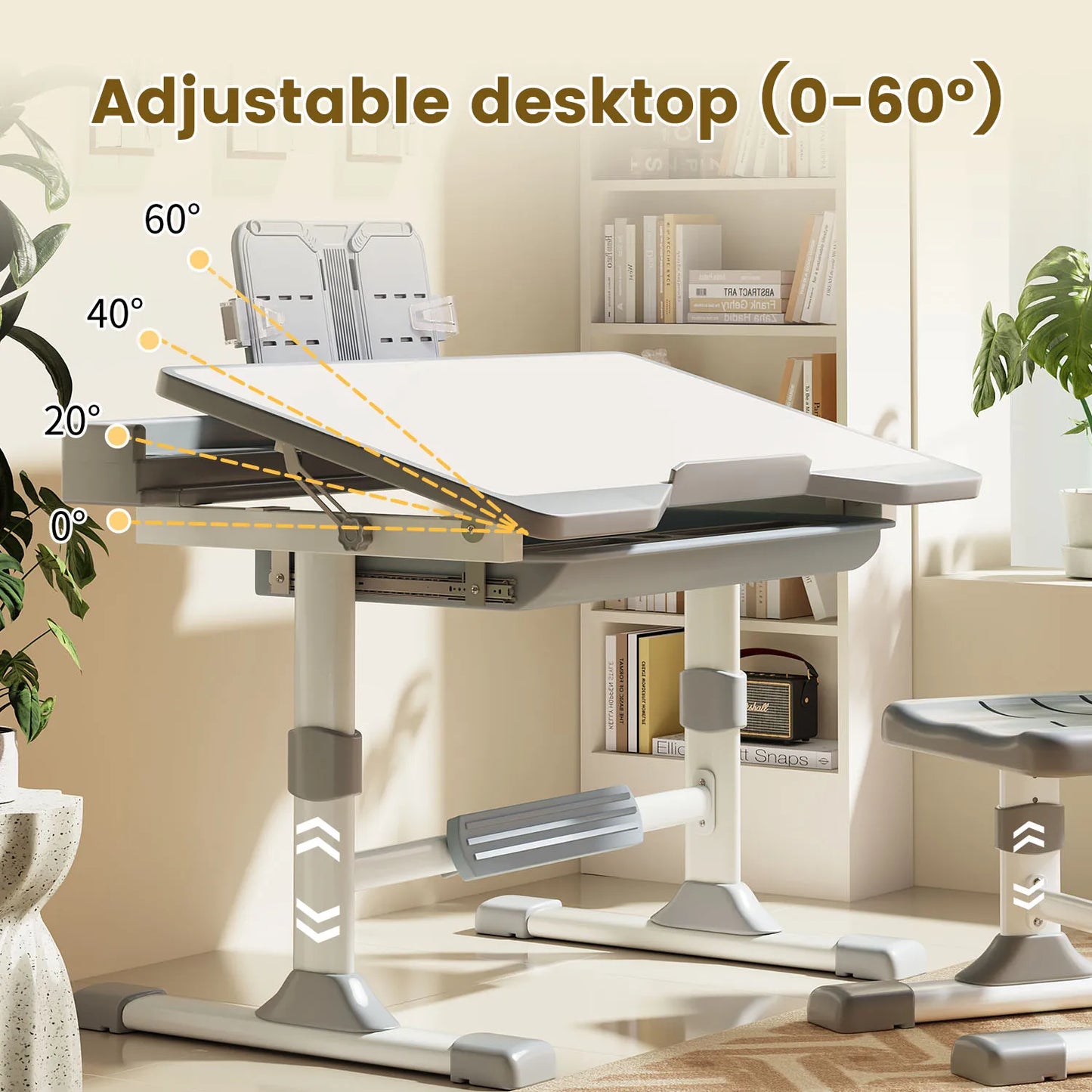 Functional Desk And Chair Set With Tilt Desktop And Bookstand