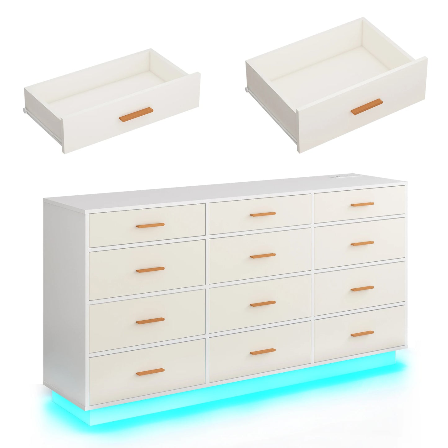 63 Inch Wide Modern 12 Drawer Dresser With Built In Power Outlets And LED Lighting For Bedroom And Living Room