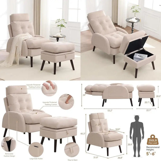 Khaki Velvet Lounge Chair With Ottoman Storage And Adjustable Backrest For Living Room