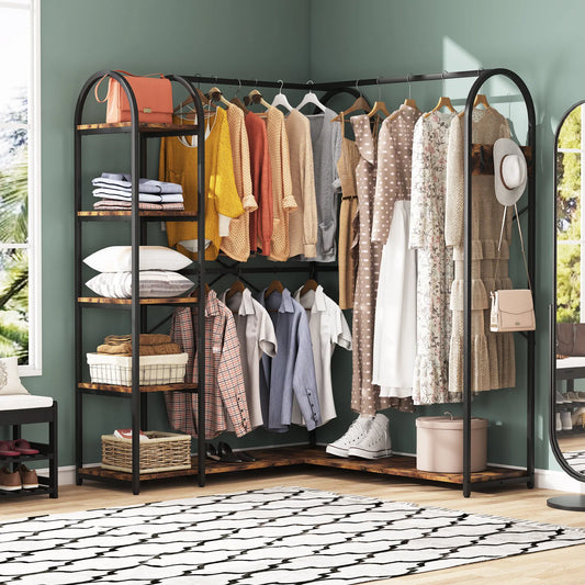 L Shape Clothes Rack with Storage Shelves and Hanging Rods