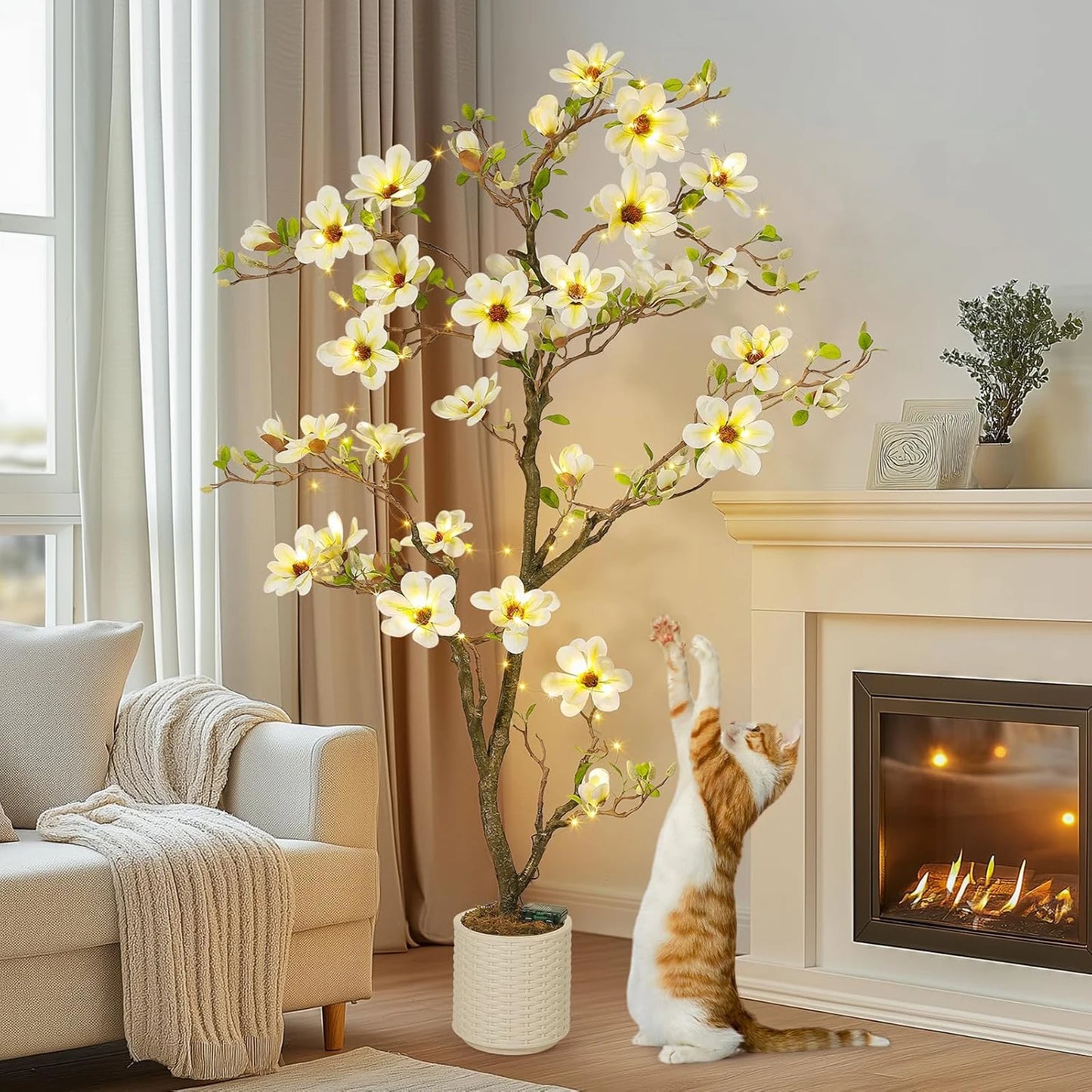 Artificial Magnolia Plant With LED Light For Indoor Outdoor Decor