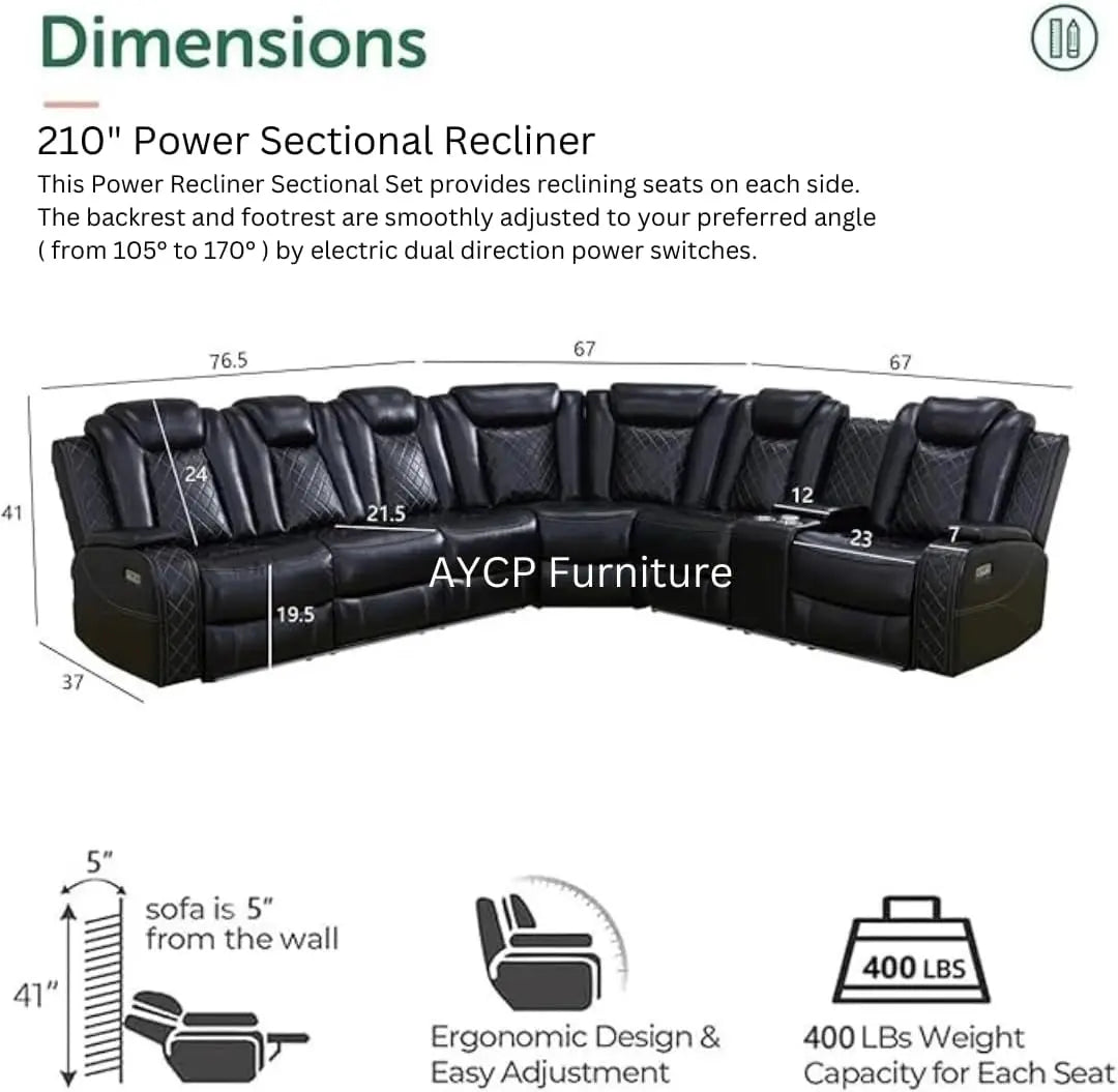 Power Recliner Sectional Sofa With LED Light Air Leather