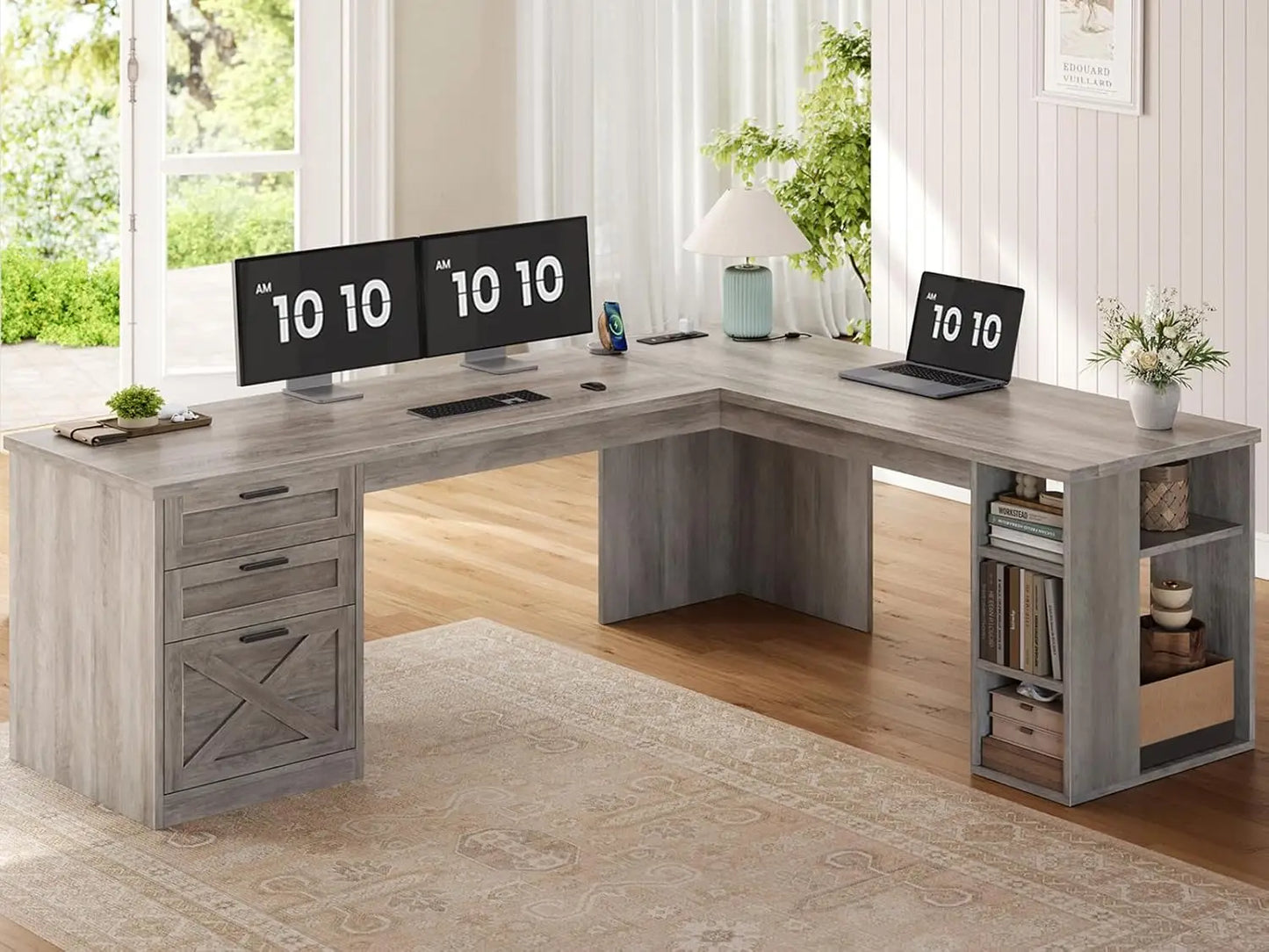 Desk Design Farmhouse L-Shaped Desk With 3 Drawers