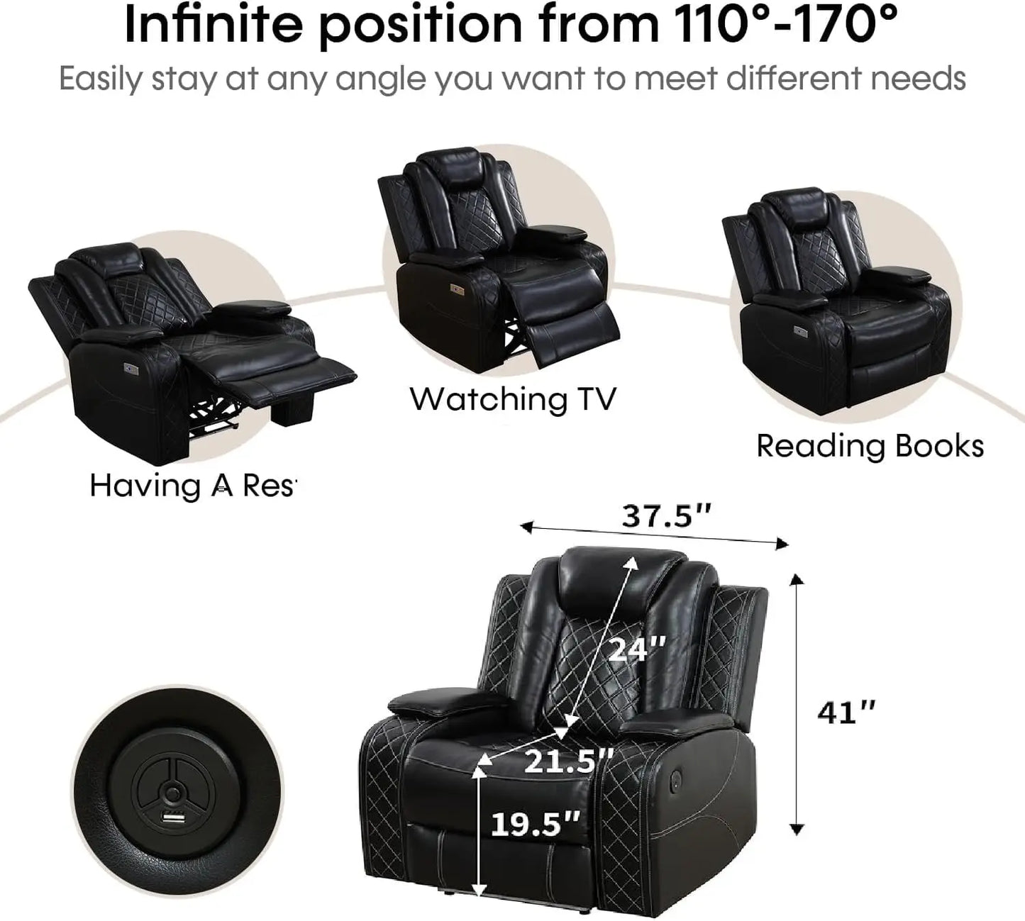 Power Recliner Sectional Sofa With LED Light Air Leather