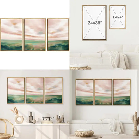 Clouds and Countryside Impressionist Landscape Art Set on Framed Canvas for Calming Home Wall Decor