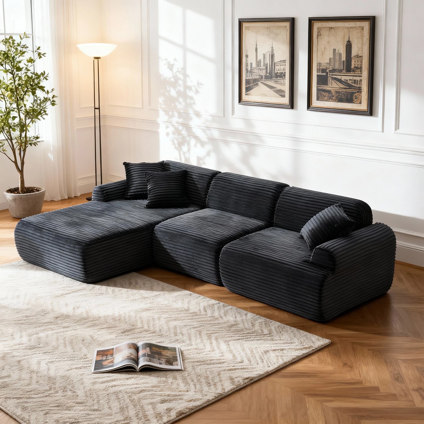 L Shaped Leather Modular Sofa With Deep Seats