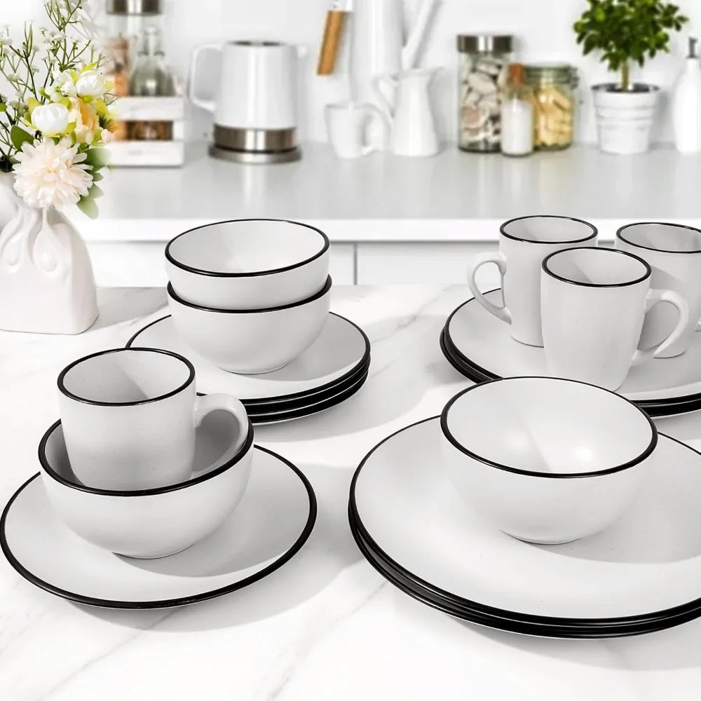 Stoneware Dinnerware Set For Four 16 Pieces Speckled Ceramic With Matte White Finish