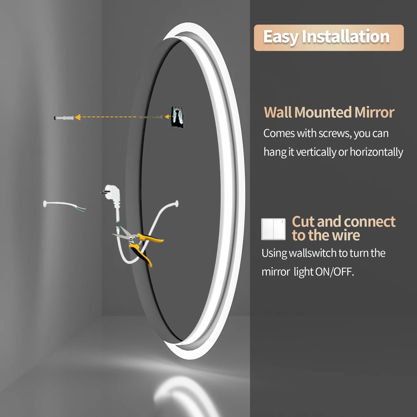Borwart LED Round Bathroom Mirror Dimmable Backlit Anti-fog
