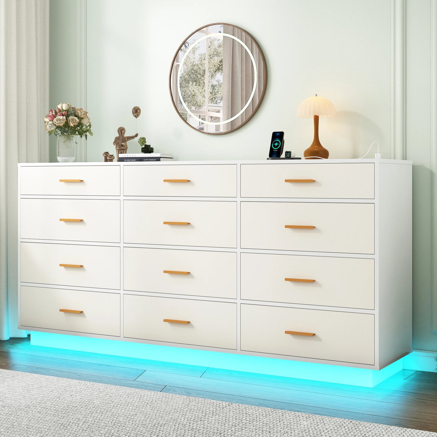 63 Inch Wide Modern 12 Drawer Dresser With Built In Power Outlets And LED Lighting For Bedroom And Living Room