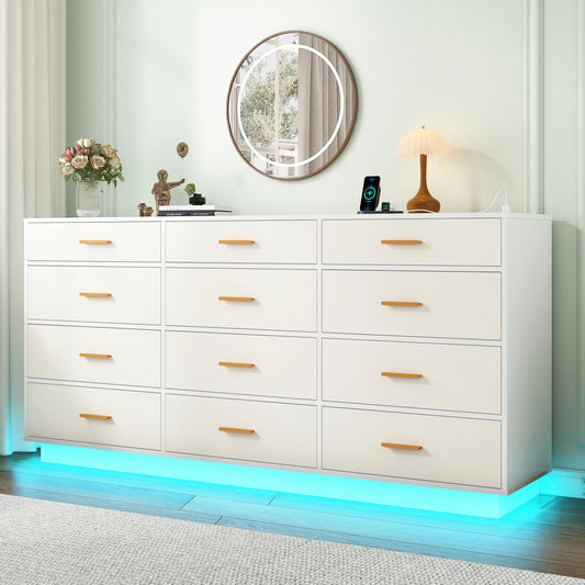 63 Inch Wide Modern 12 Drawer Dresser With Power Outlets And LED Lights For Bedroom And Living Room