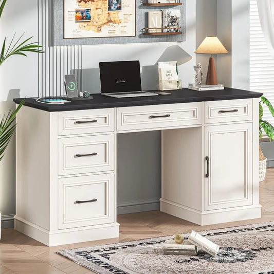 Dafify Farmhouse Executive Desk With Charging Station And Five Drawers Rustic Home Office Desk 59 Inch