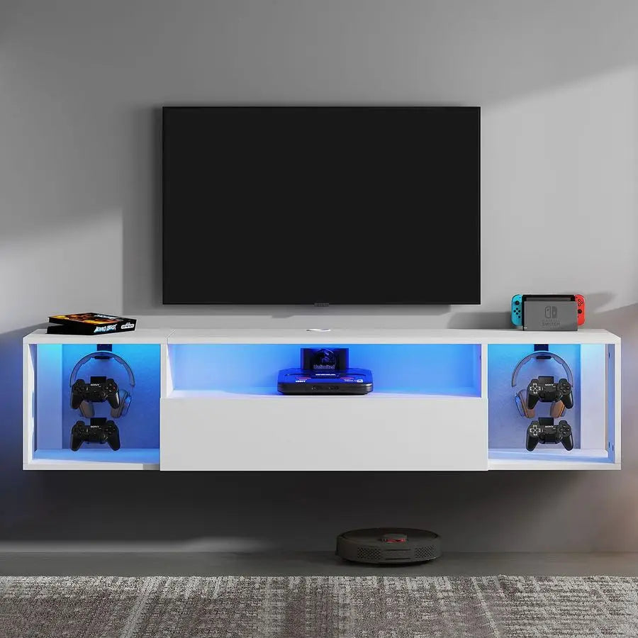 Floating TV Stand with LED Lights and Hidden Storage