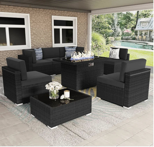 Outdoor 8-Piece Wicker Patio Furniture Set With Fire Pit Table