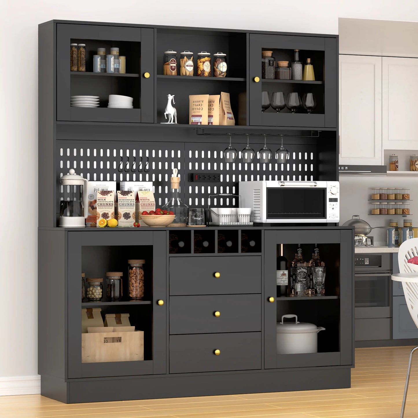VOWNER Freestanding Pantry Cabinet For Kitchen Storage With Cup Holders Wine Racks Hooks And Pegboard Organizers