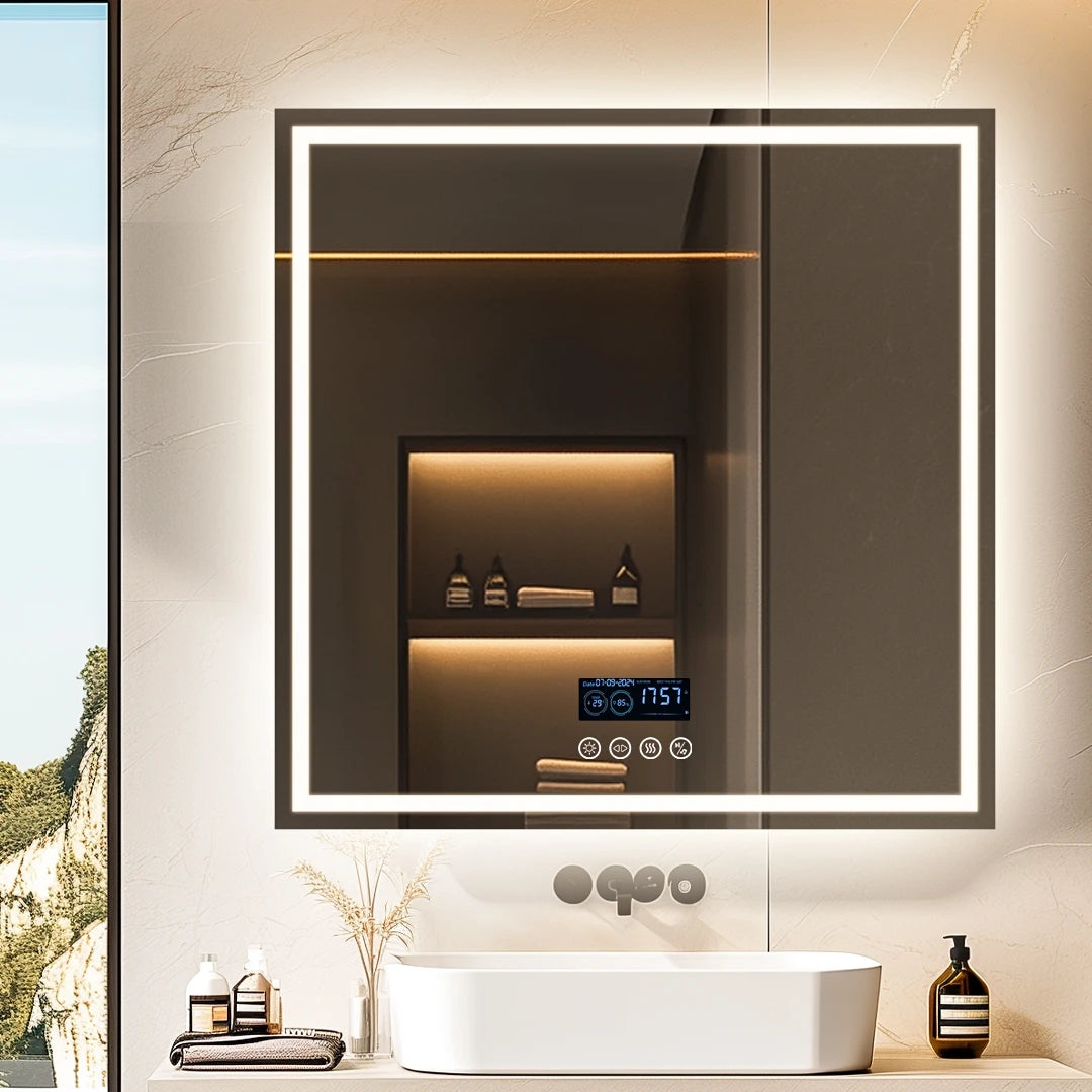 BORWART LED Bathroom Mirror Bluetooth Time Temperature Display Anti Fog