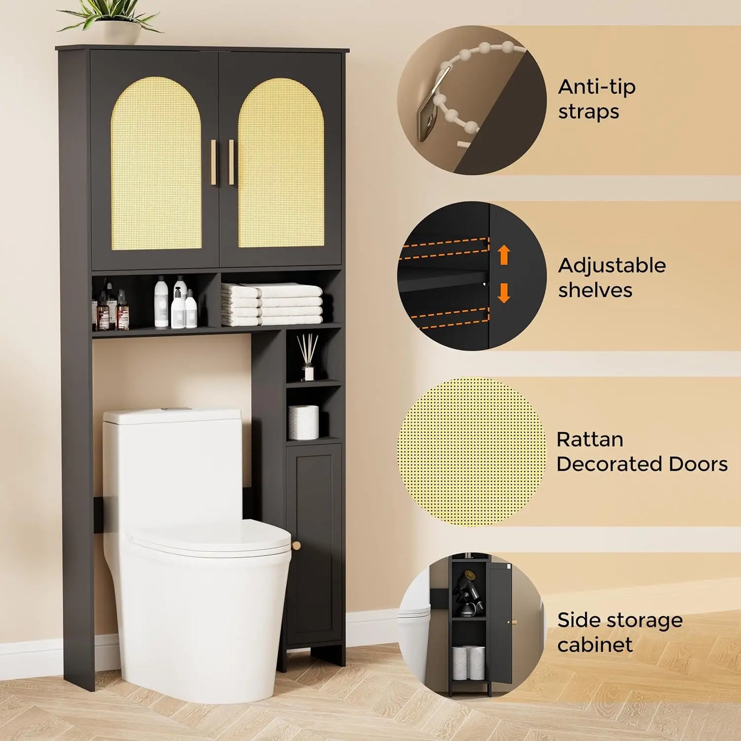 Over Toilet Storage Cabinet With Rattan Doors And Adjustable Shelves