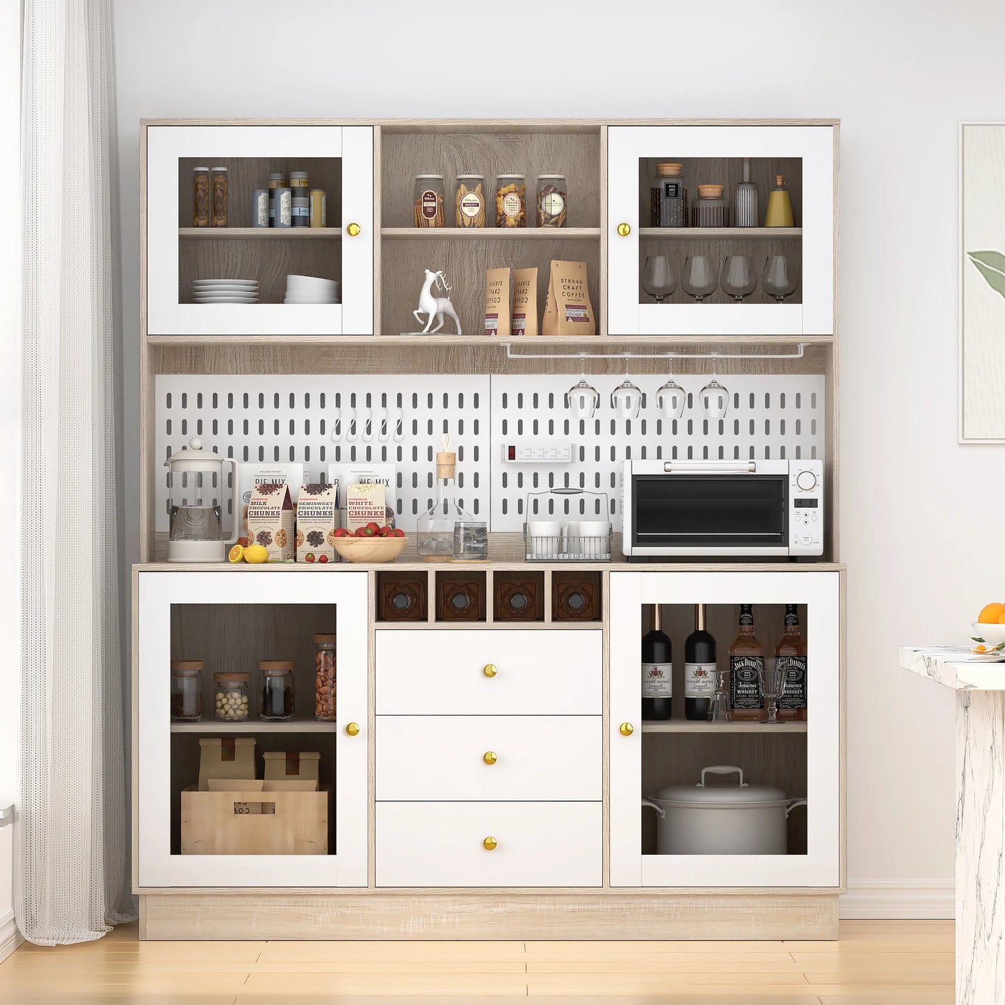 VOWNER Freestanding Pantry Cabinet For Kitchen Storage With Cup Holders Wine Racks Hooks And Pegboard Organizers