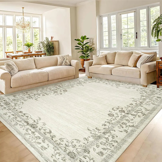 Washable Area Rug For Bedroom Living Room Dining Room Office Floral Border Large Polyester Machine Made Farmhouse Style