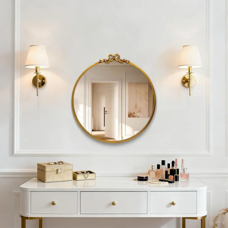 Antique Bow Round Mirror for Ornate Bathroom Wall Decor