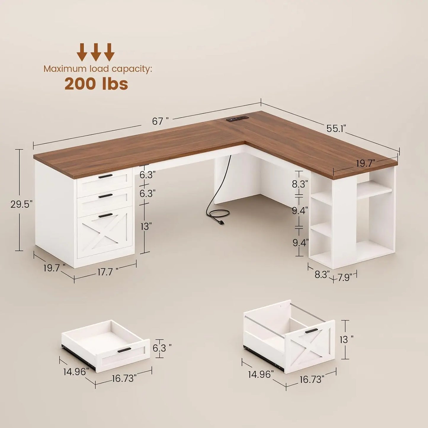 Desk Design Farmhouse L-Shaped Desk With 3 Drawers