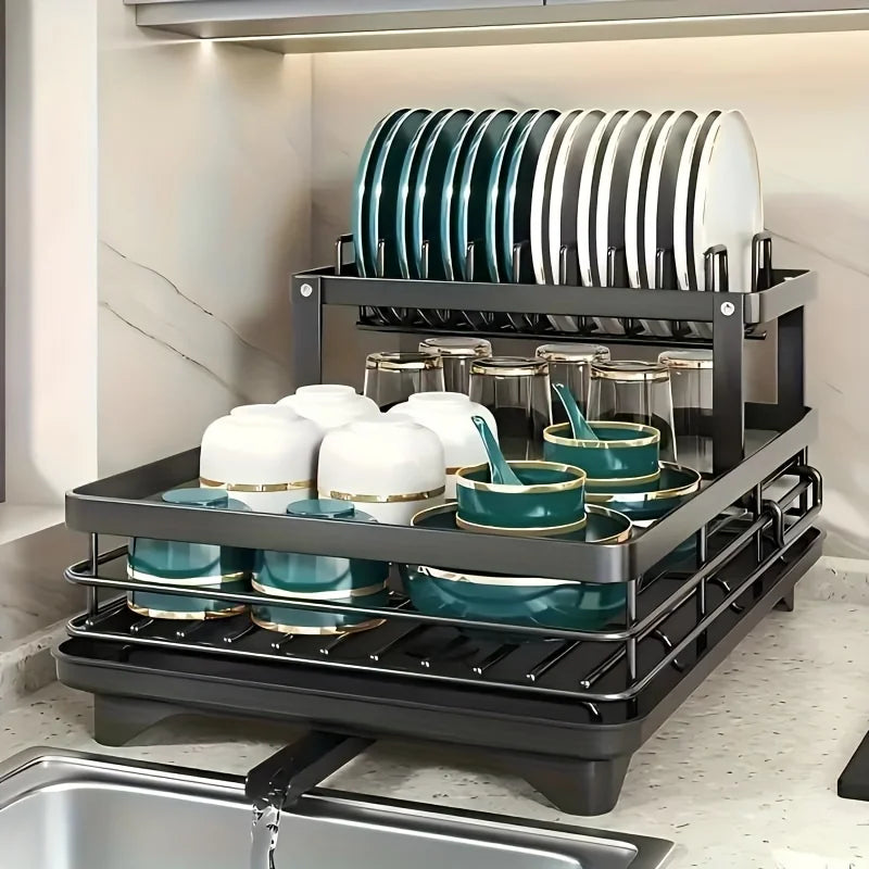 Double Tier Extendable Dish Drainer For Kitchen Countertop