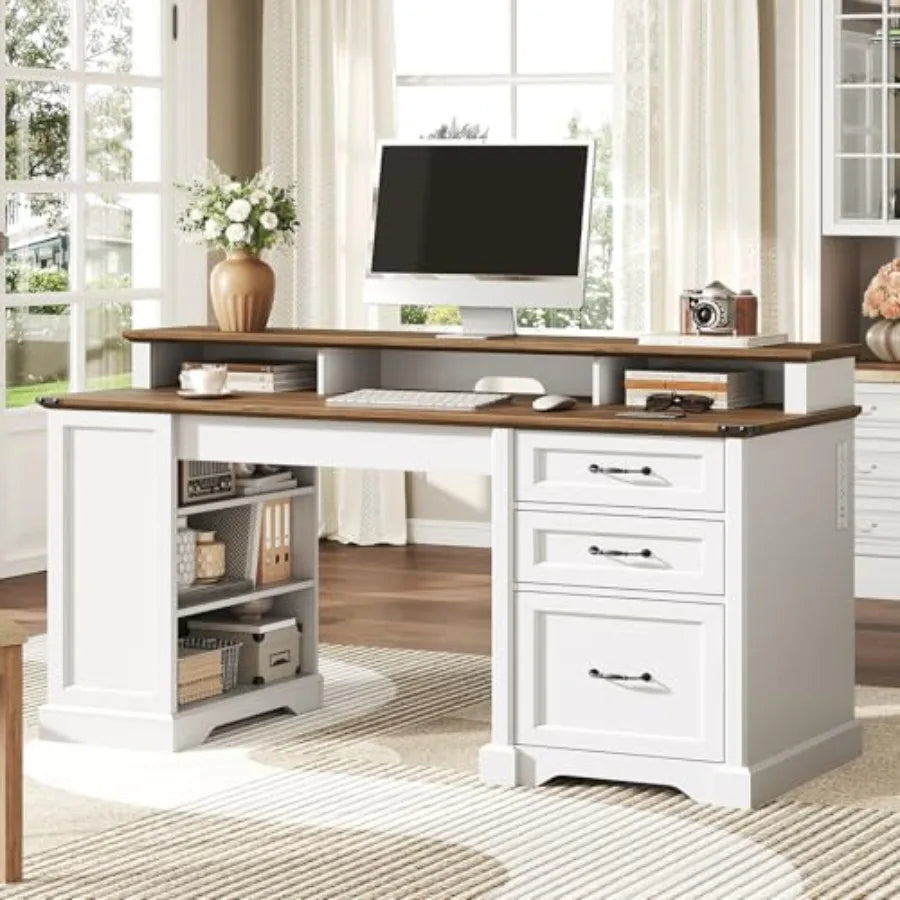 Farmhouse Executive Desk With Drawers, File Cabinet, Bookshelf