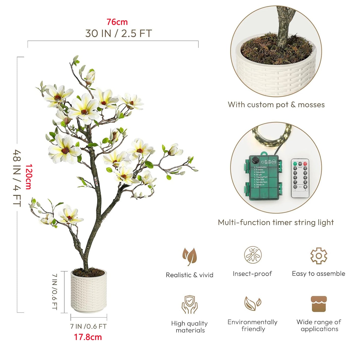 Artificial Magnolia Plant With LED Light For Indoor Outdoor Decor