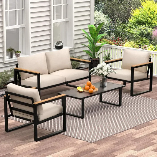 Outdoor 4 Piece Patio Furniture Set With Coffee Table Metal And Wood Washable Fabric Cushions