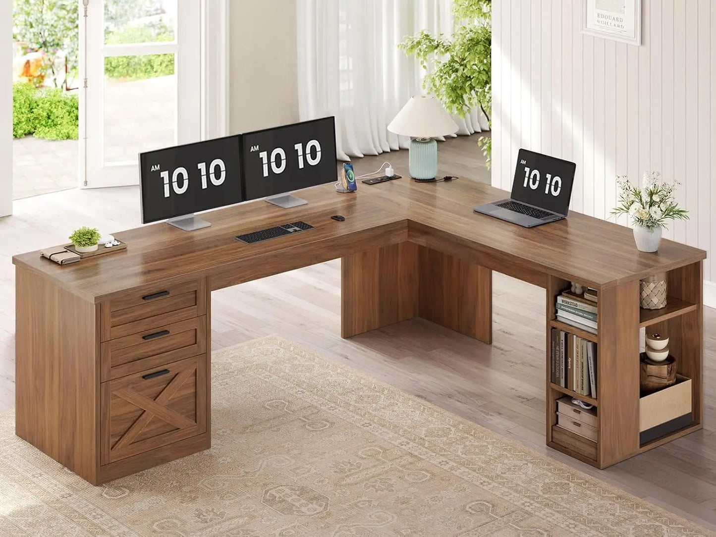 Desk Design Farmhouse L-Shaped Desk With 3 Drawers