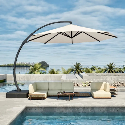 HUANZHUANG 11Ft Cantilever Patio Umbrella With Base Aluminum Offset UV Resistant Canopy Crank Tilt 360 Degree Rotation