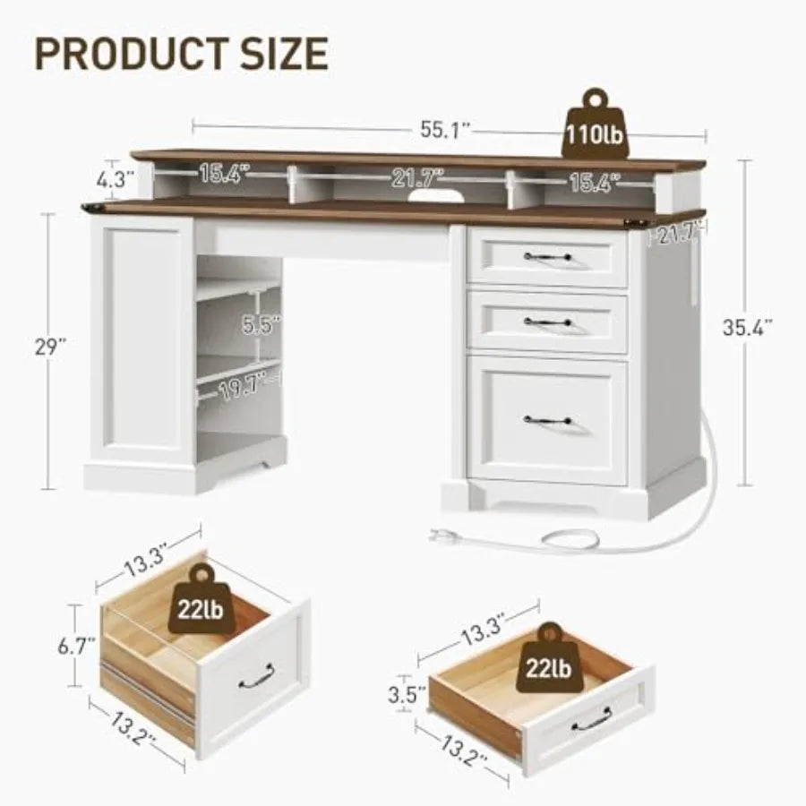 Farmhouse Executive Desk With Drawers, File Cabinet, Bookshelf
