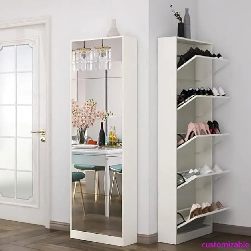 Mirrored Five-Drawer Shoe Cabinet With Full-Length Mirror