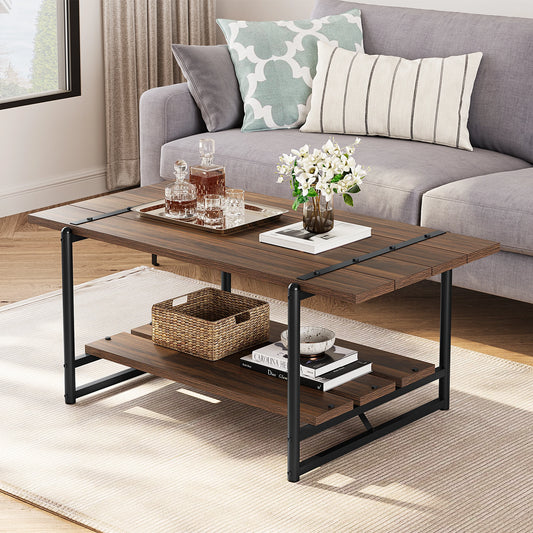 HobbyLane 2-Tier Wood Coffee Table With Storage Shelf Rustic Metal
