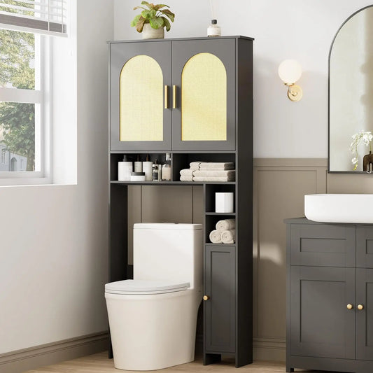 Over Toilet Storage Cabinet With Rattan Doors And Adjustable Shelves