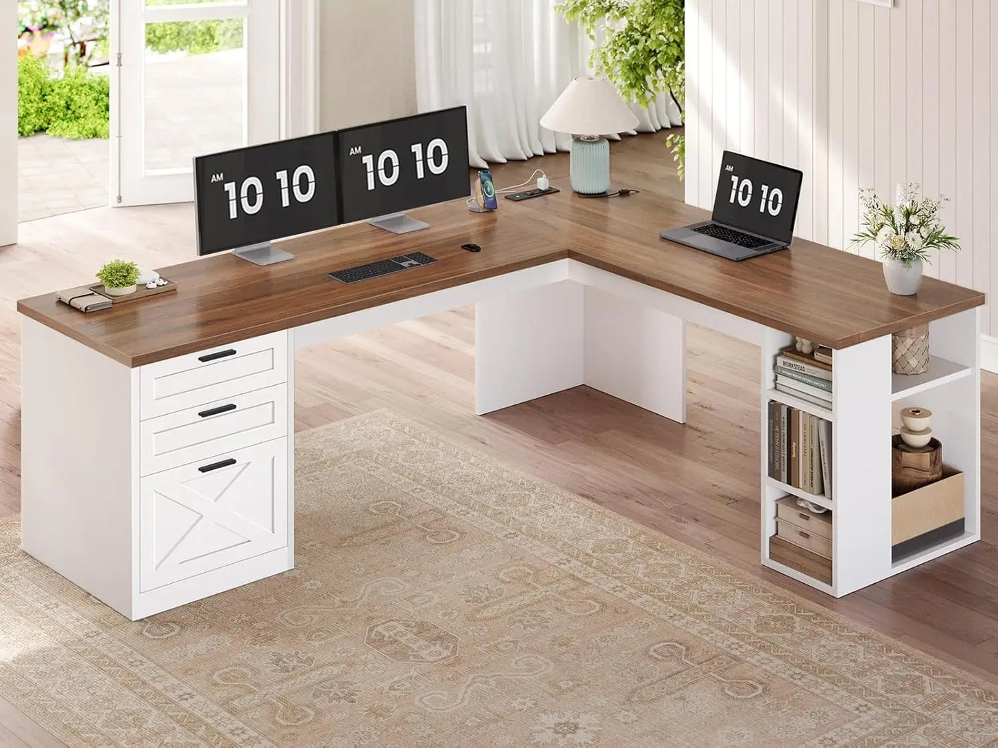 Desk Design Farmhouse L-Shaped Desk With 3 Drawers