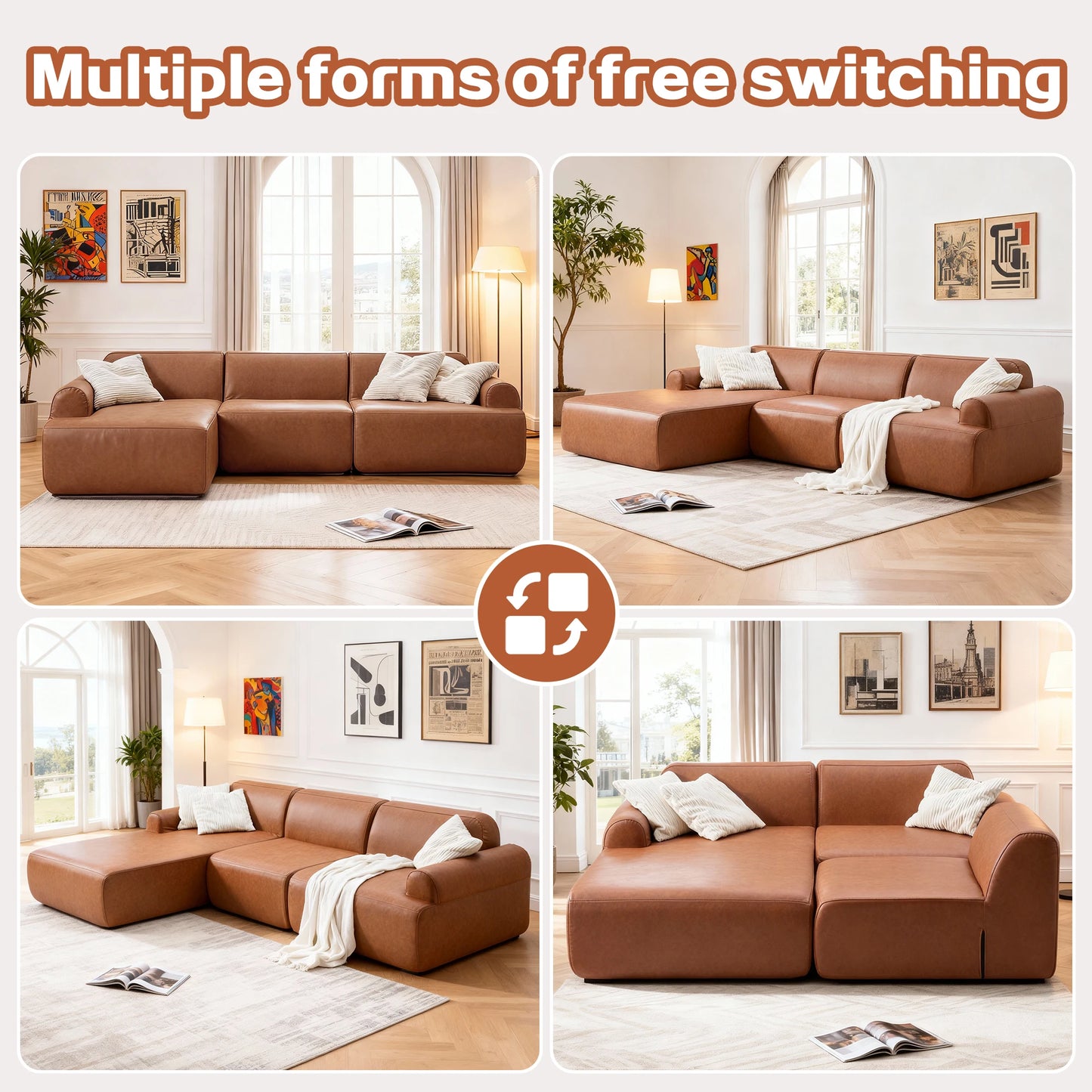 L Shaped Leather Modular Sofa With Deep Seats