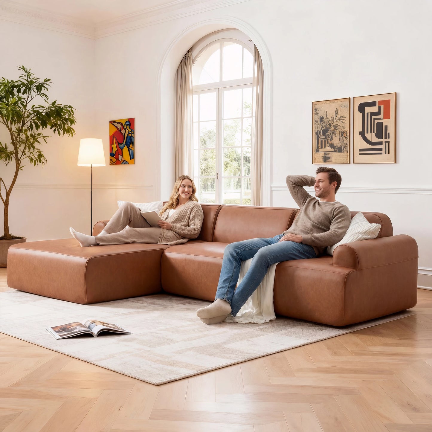 L Shaped Leather Modular Sofa With Deep Seats