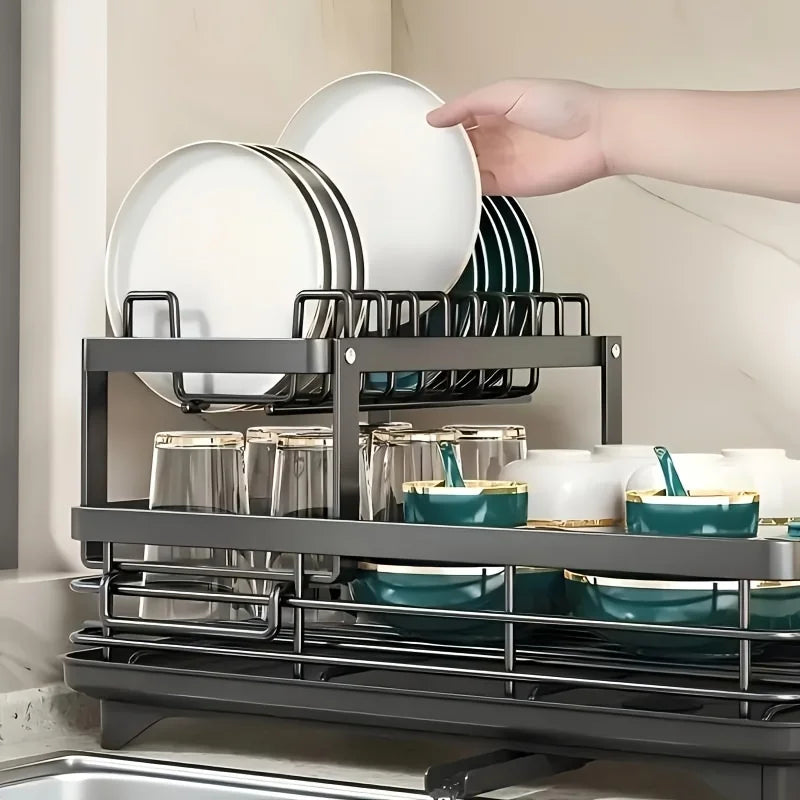 Double Tier Extendable Dish Drainer For Kitchen Countertop